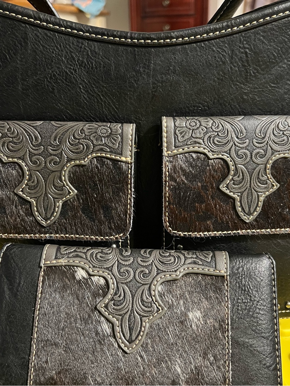 Women's Black and Brown Embossed Leather Shoulder Bag with Hair-On-Hide Panel